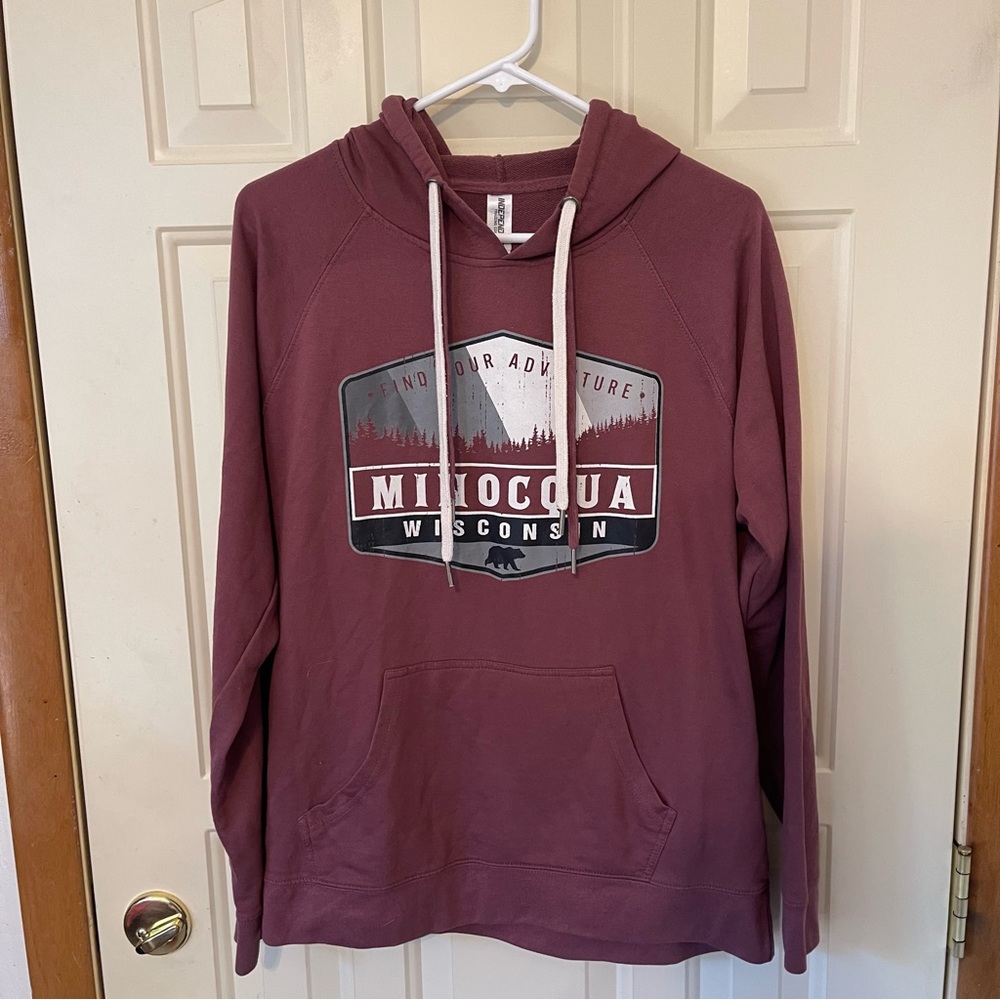 Minocqua Wisconsin Burgundy Hoodie with Fin Your Adventure Print